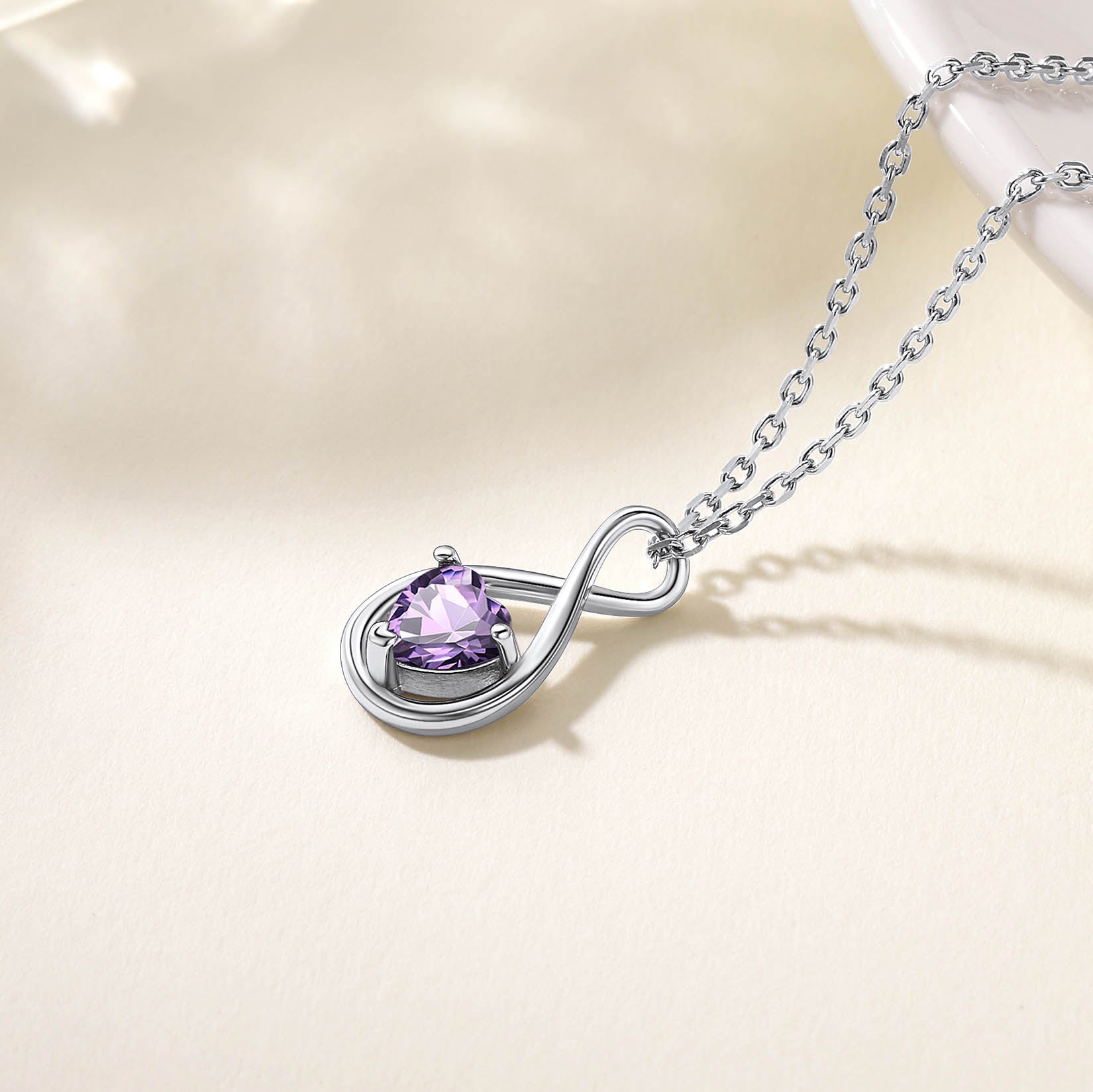 Close-Up of Heart & Infinity Birthstone Necklace - Sparkling Sterling Silver Jewelry