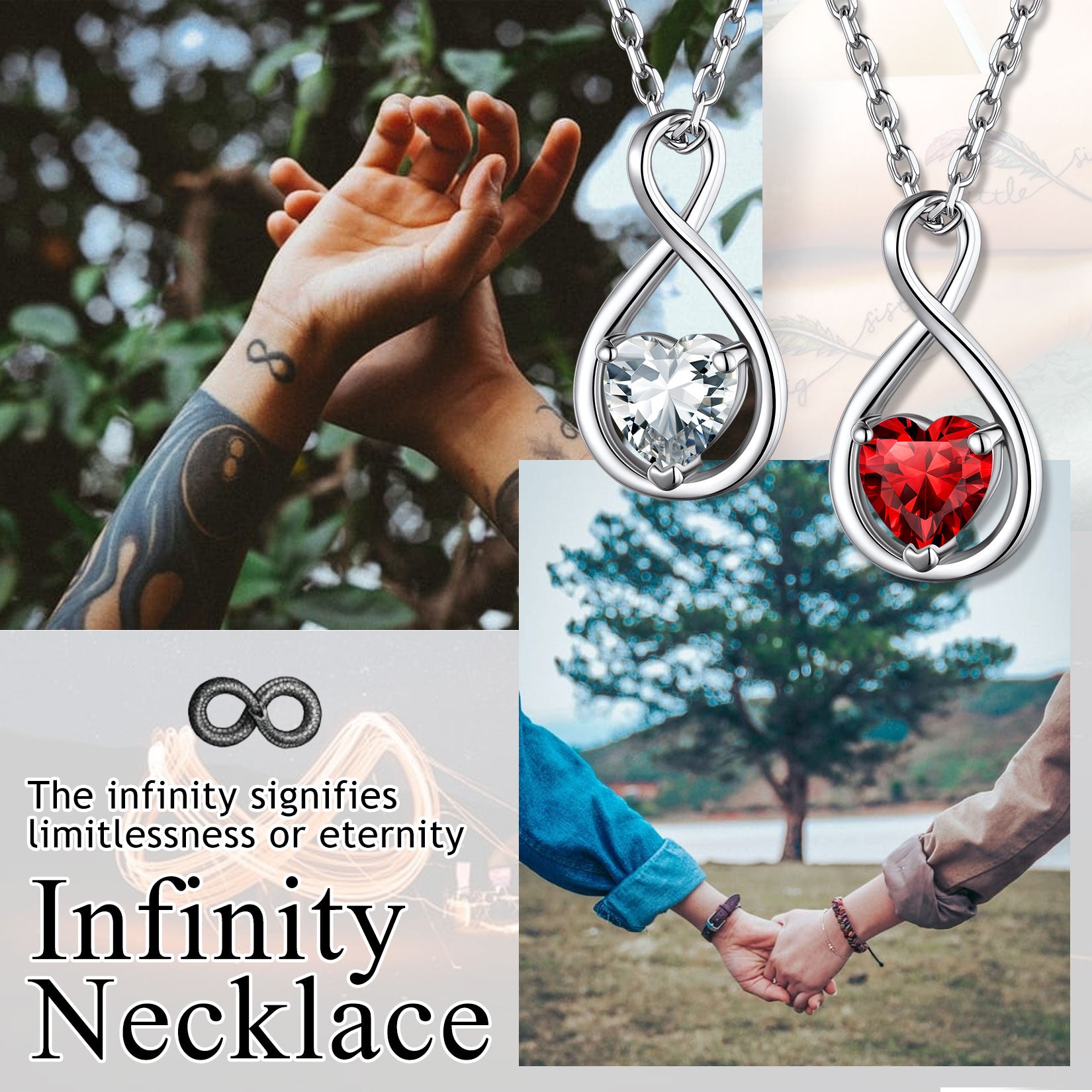 Infinity necklace with heart pendant, held by hands, and scenic background.