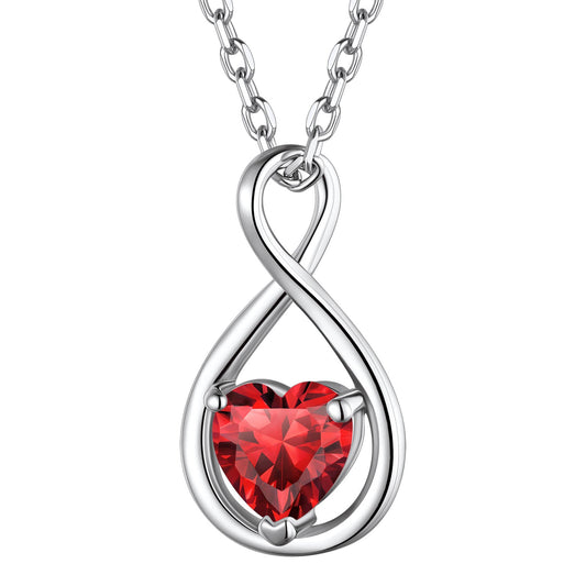 Sterling Silver Heart Infinity Necklace with January Garnet Birthstone - Elegant Jewelry Gift for Herimg