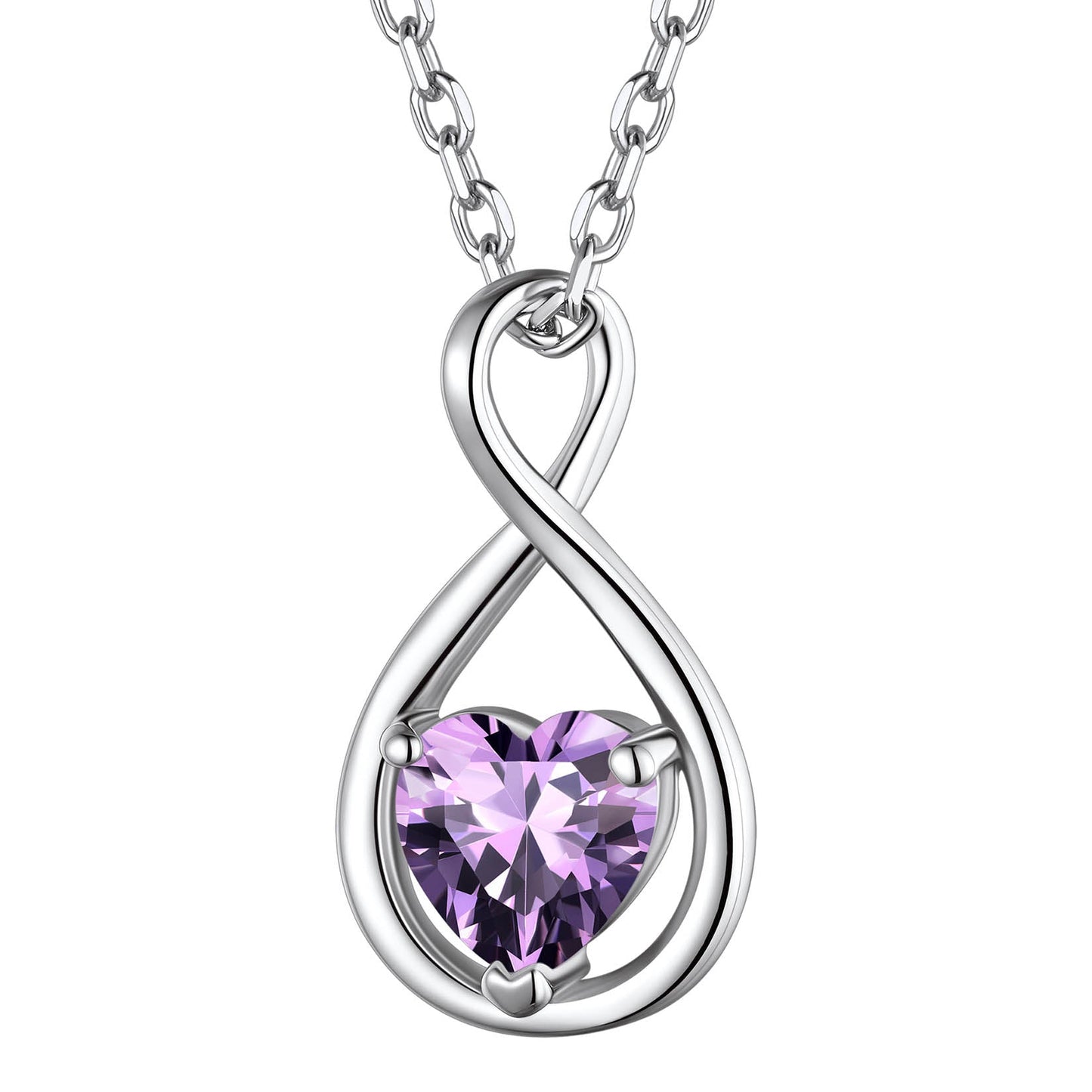 February Amethyst Birthstone Heart Infinity Necklace - 925 Sterling Silver Personalized Gift