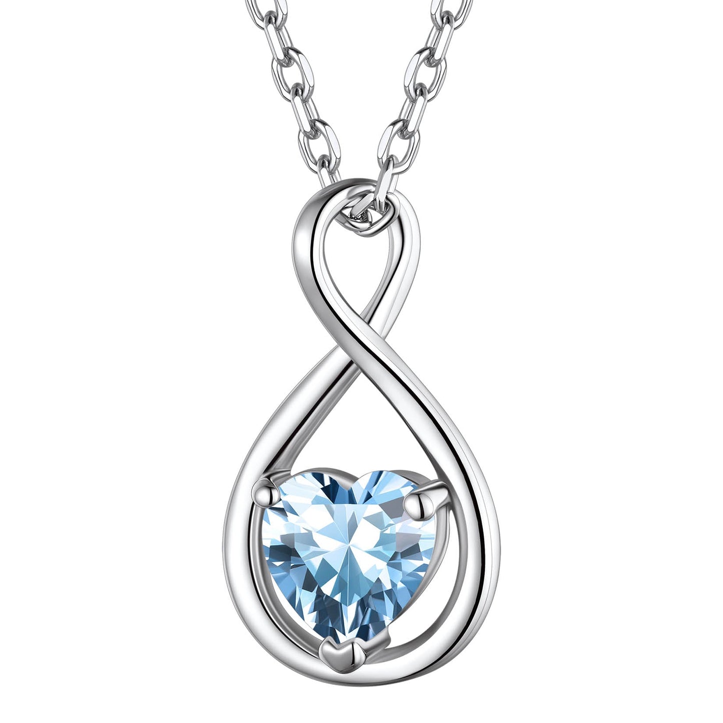 March Aquamarine Birthstone Infinity Necklace - Delicate Heart Pendant for Women