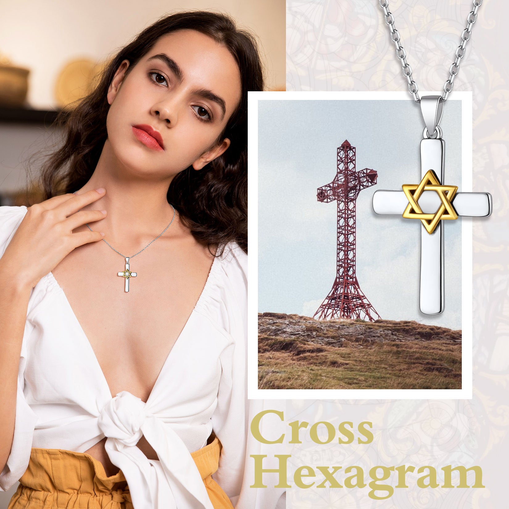 Silver Cross Star of David Pendant Necklace for Men Women