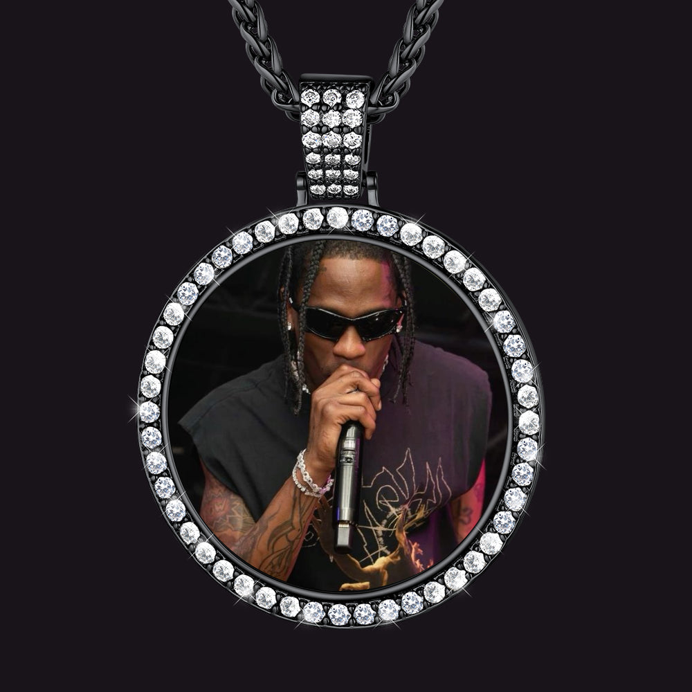 Custom Circle Pendant with Celebrity Portrait, black chain, Men's Jewelry