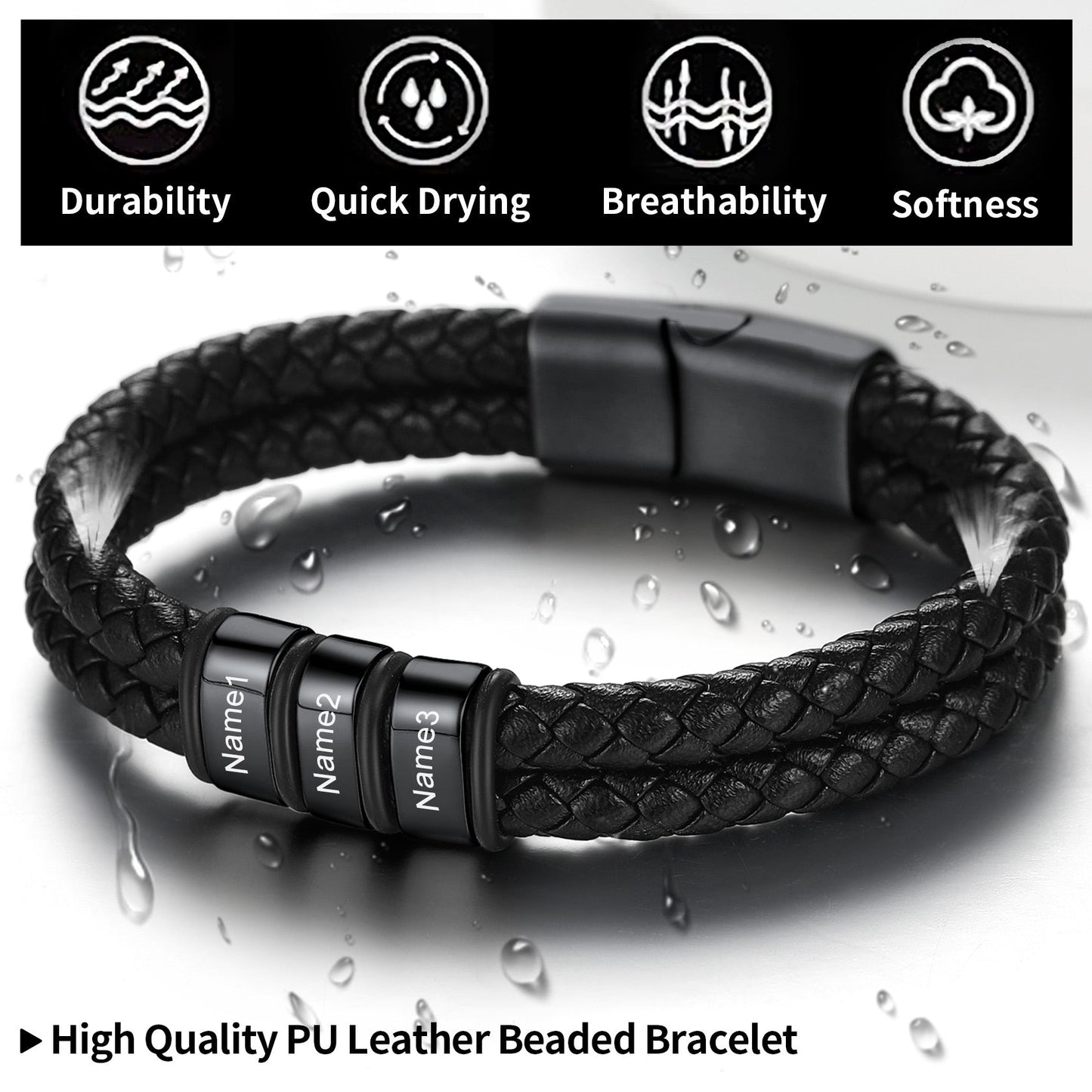 Engraving Name Braided Leather Bracelet 1-5 Beaded Gift for Men Dad FaithHeart Jewelry