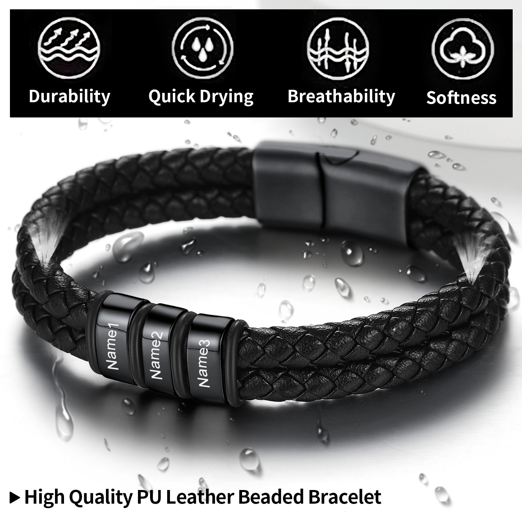 Engraving Name Braided Leather Bracelet 1-5 Beaded Gift for Men Dad FaithHeart Jewelry