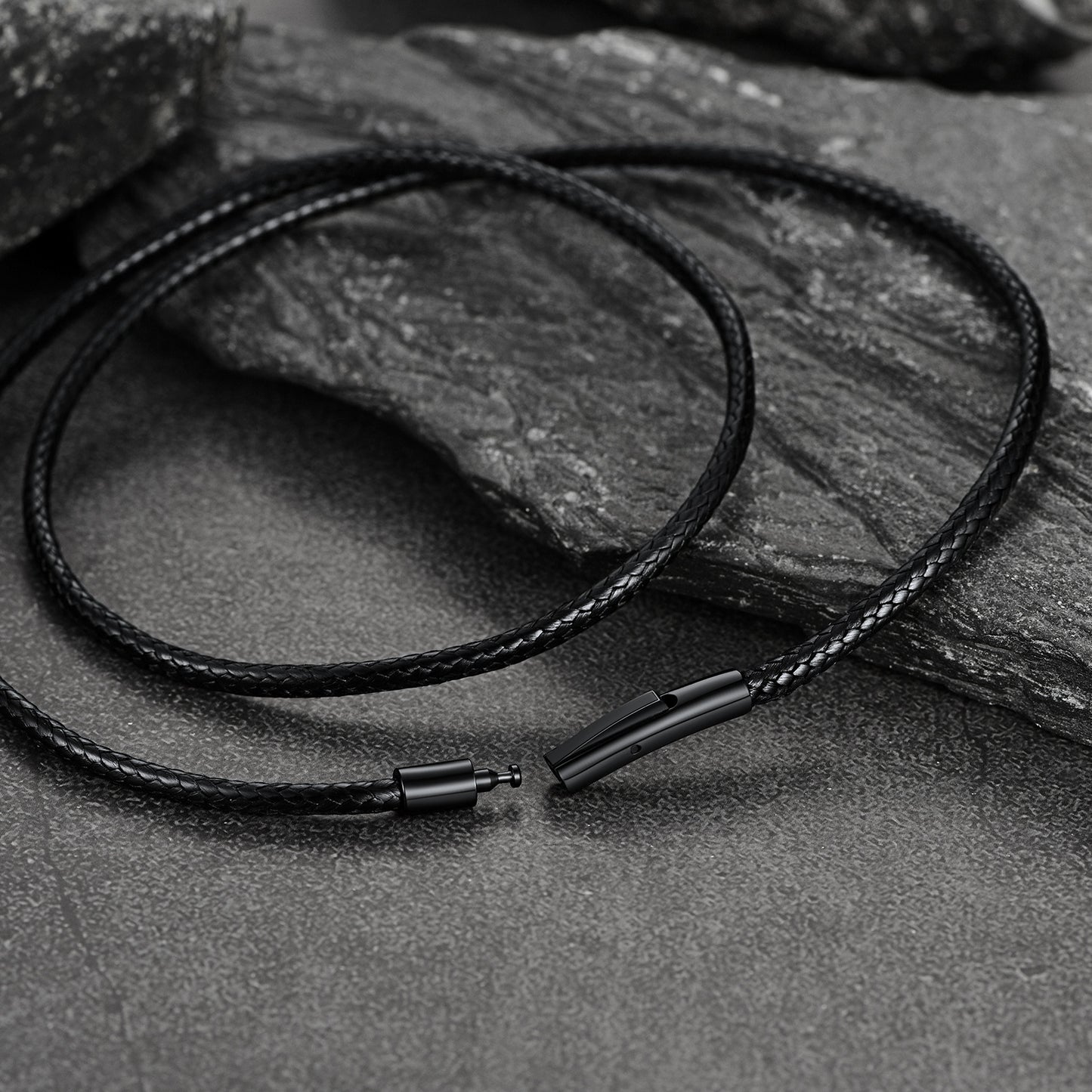 Black braided leather cord chain necklace, stainless steel clasp, men's minimalist necklace