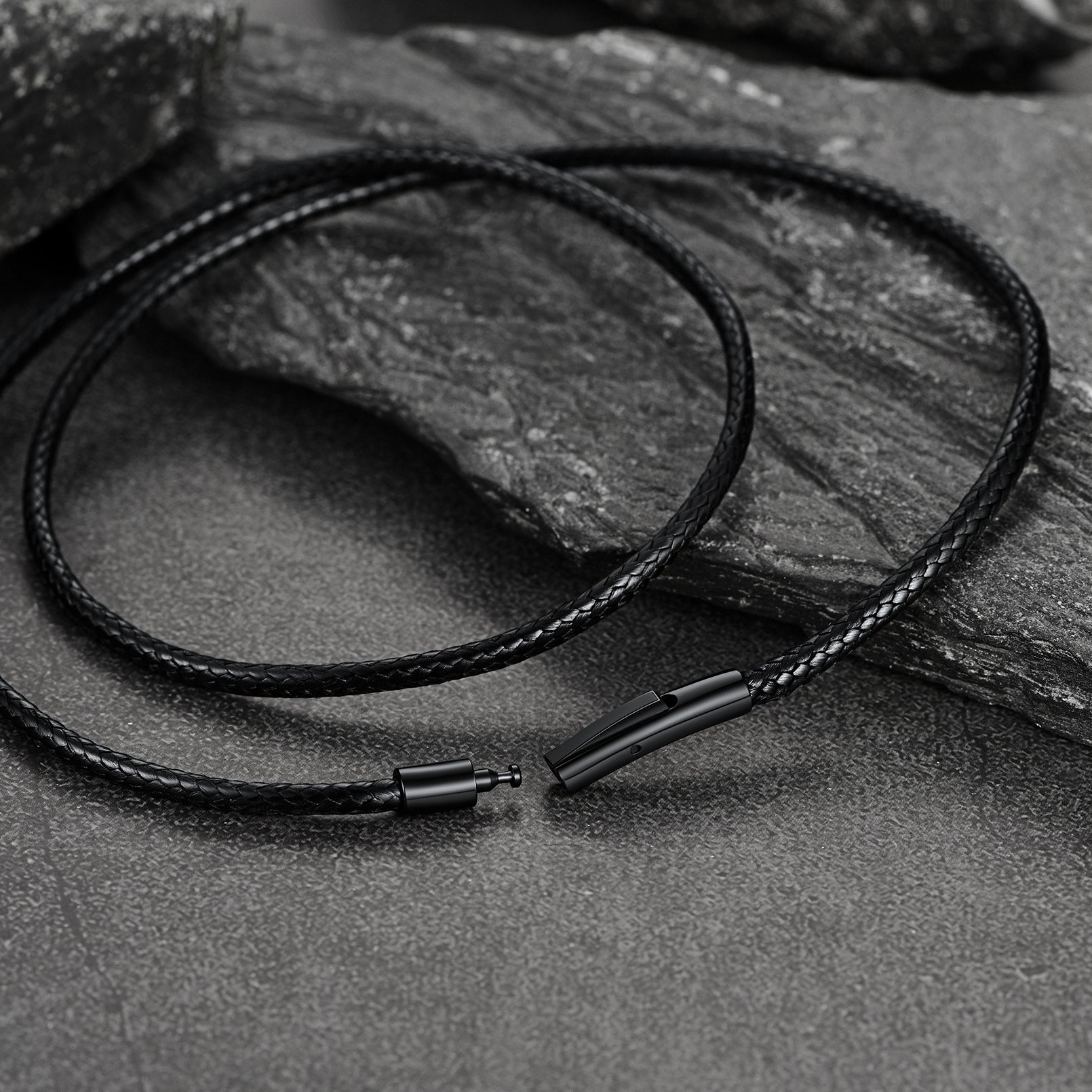 Black braided leather cord chain necklace, stainless steel clasp, men's minimalist necklace