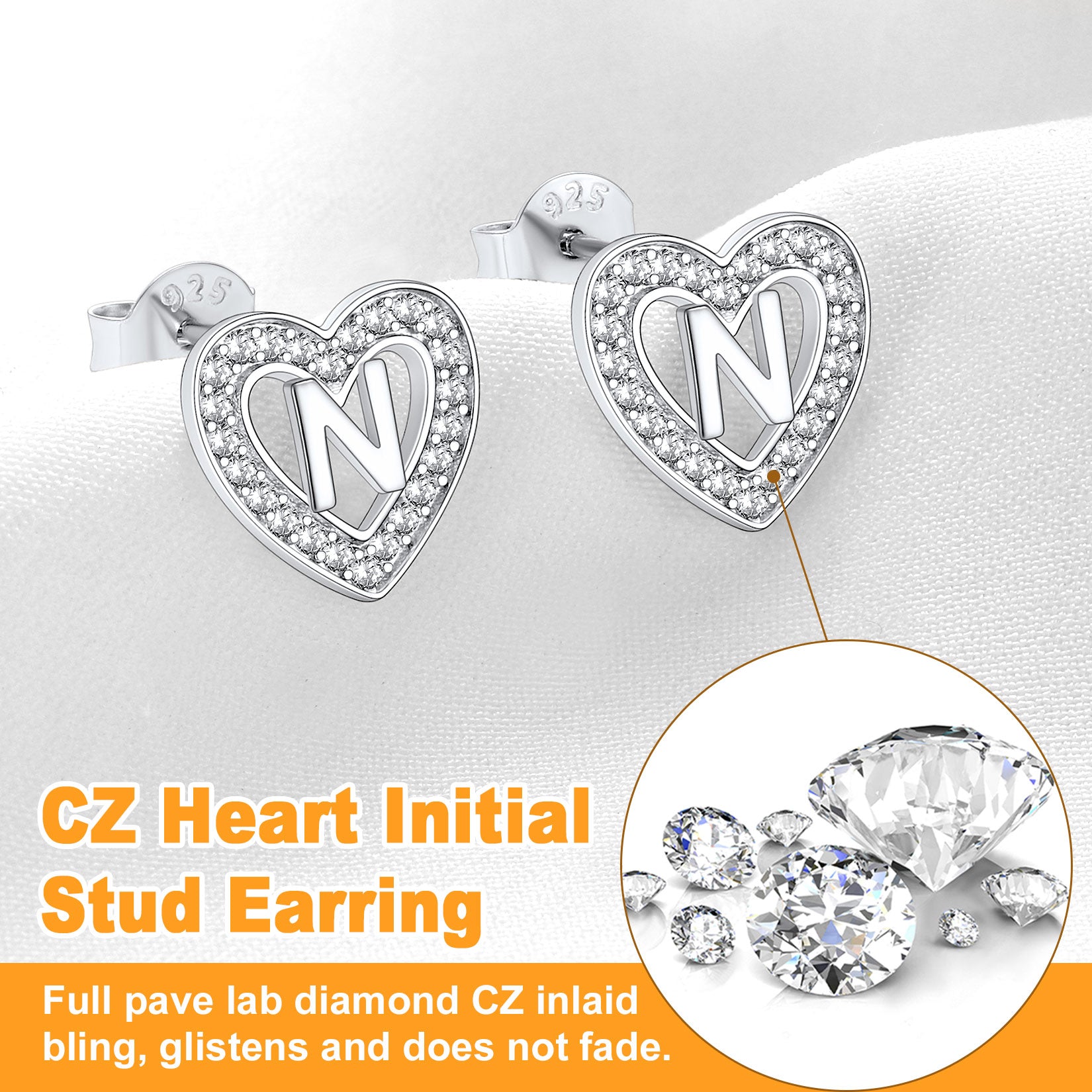Silver Heart Initial Letter Stud Cubic Zirconia Earrings for Women