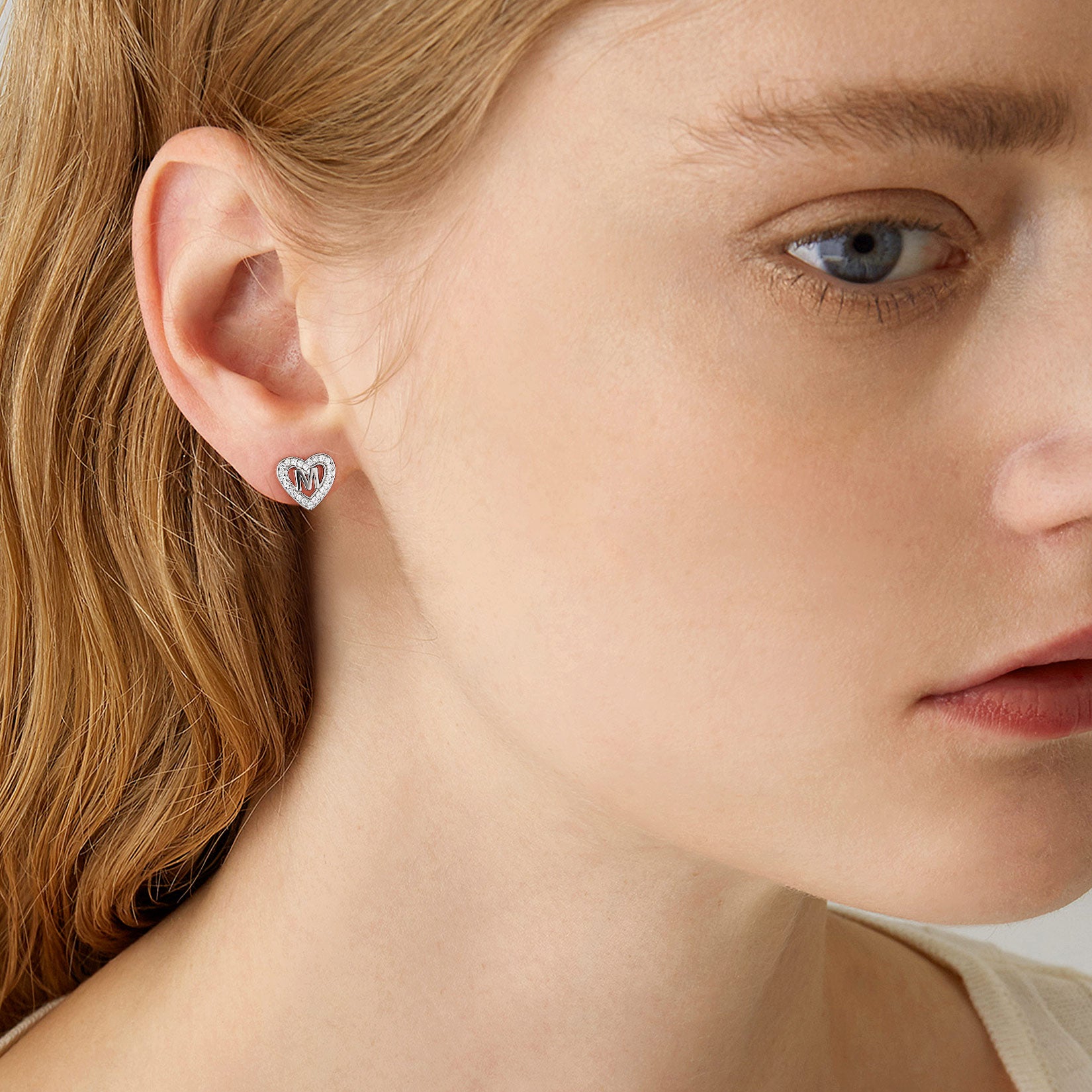 Silver Heart Initial Letter Stud Cubic Zirconia Earrings for Women