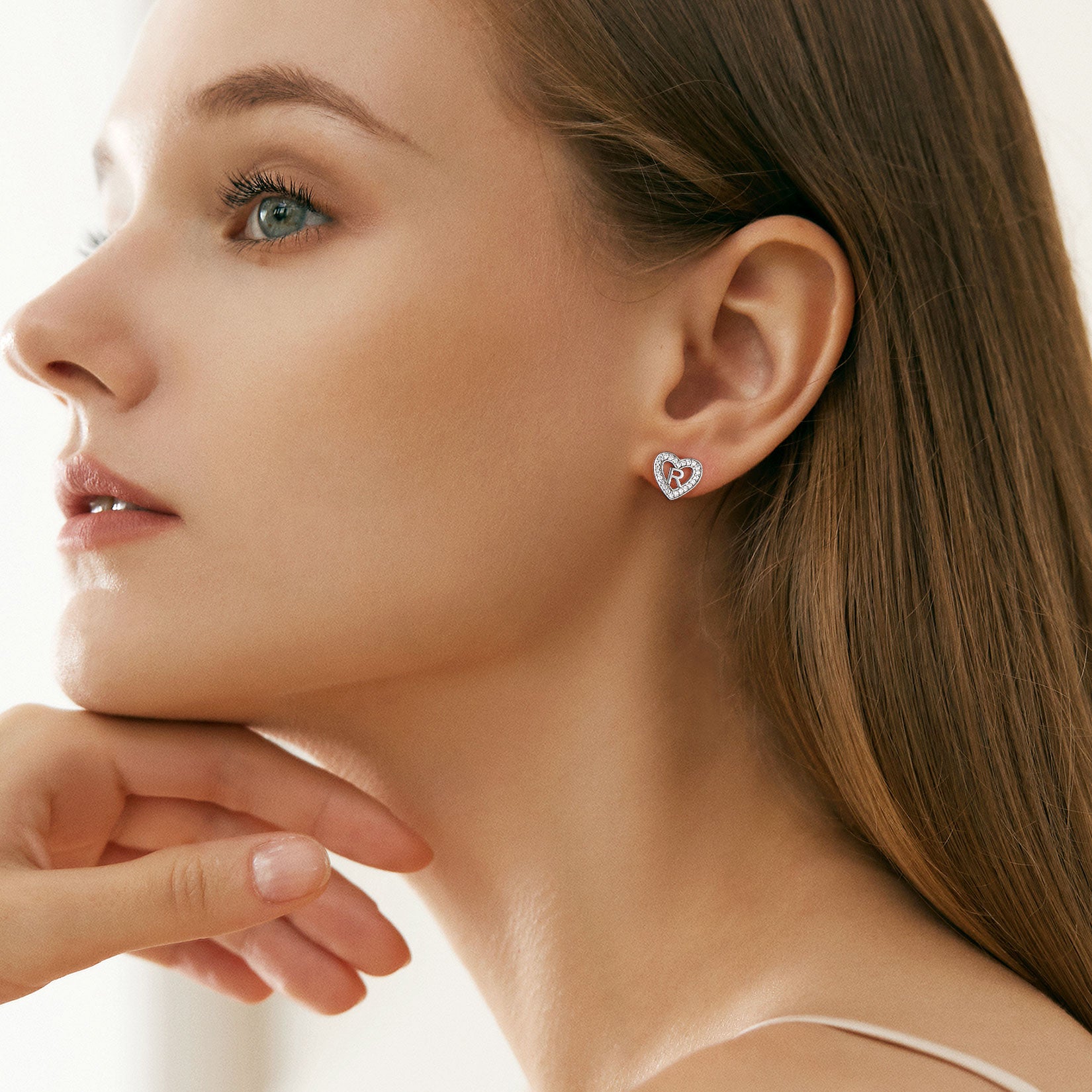 Silver Heart Initial Letter Stud Cubic Zirconia Earrings for Women