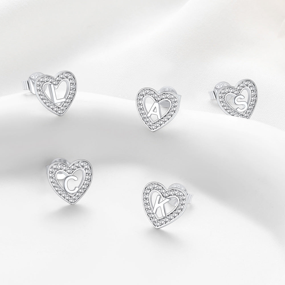 Silver Heart Initial Letter Stud Cubic Zirconia Earrings for Women