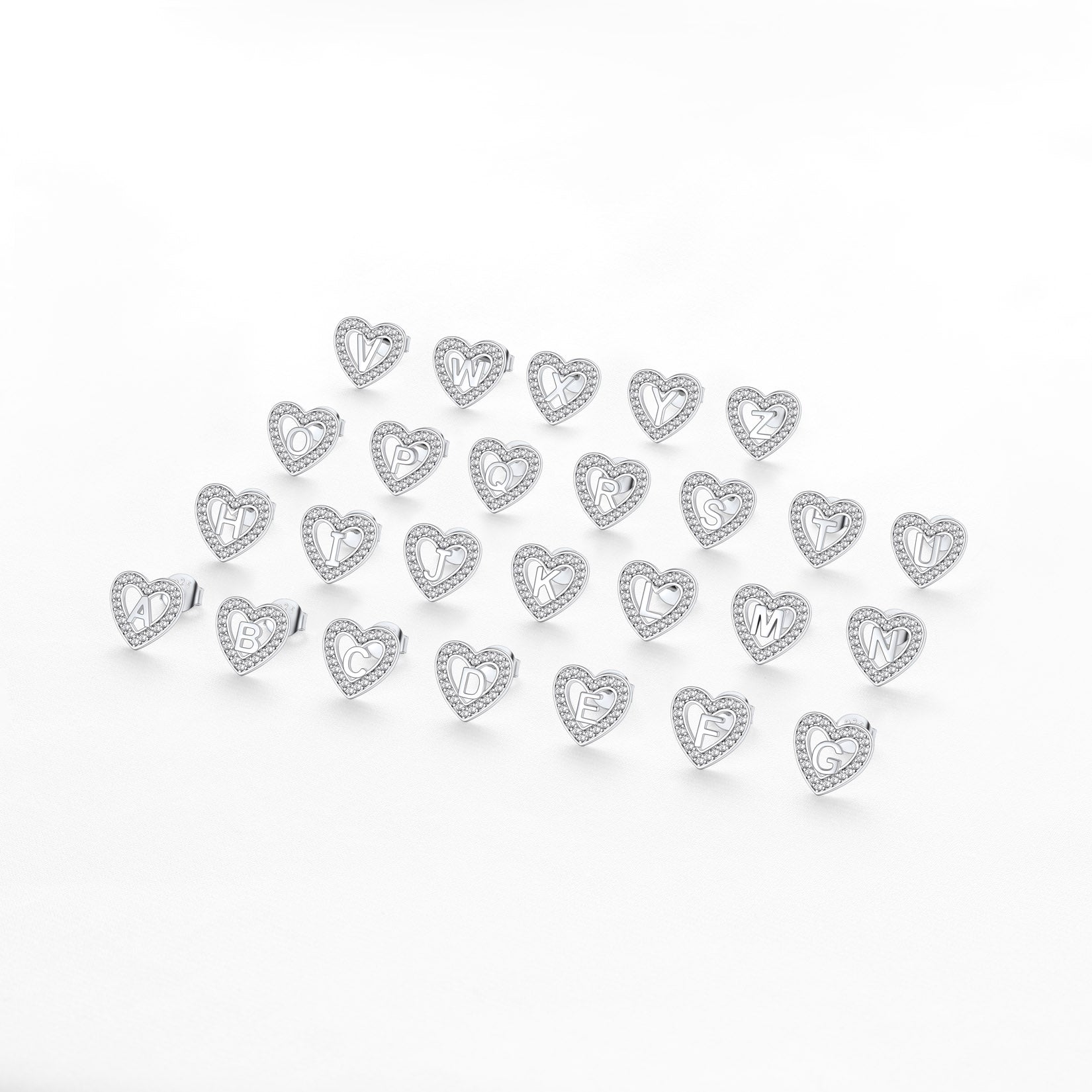 Silver Heart Initial Letter Stud Cubic Zirconia Earrings for Women