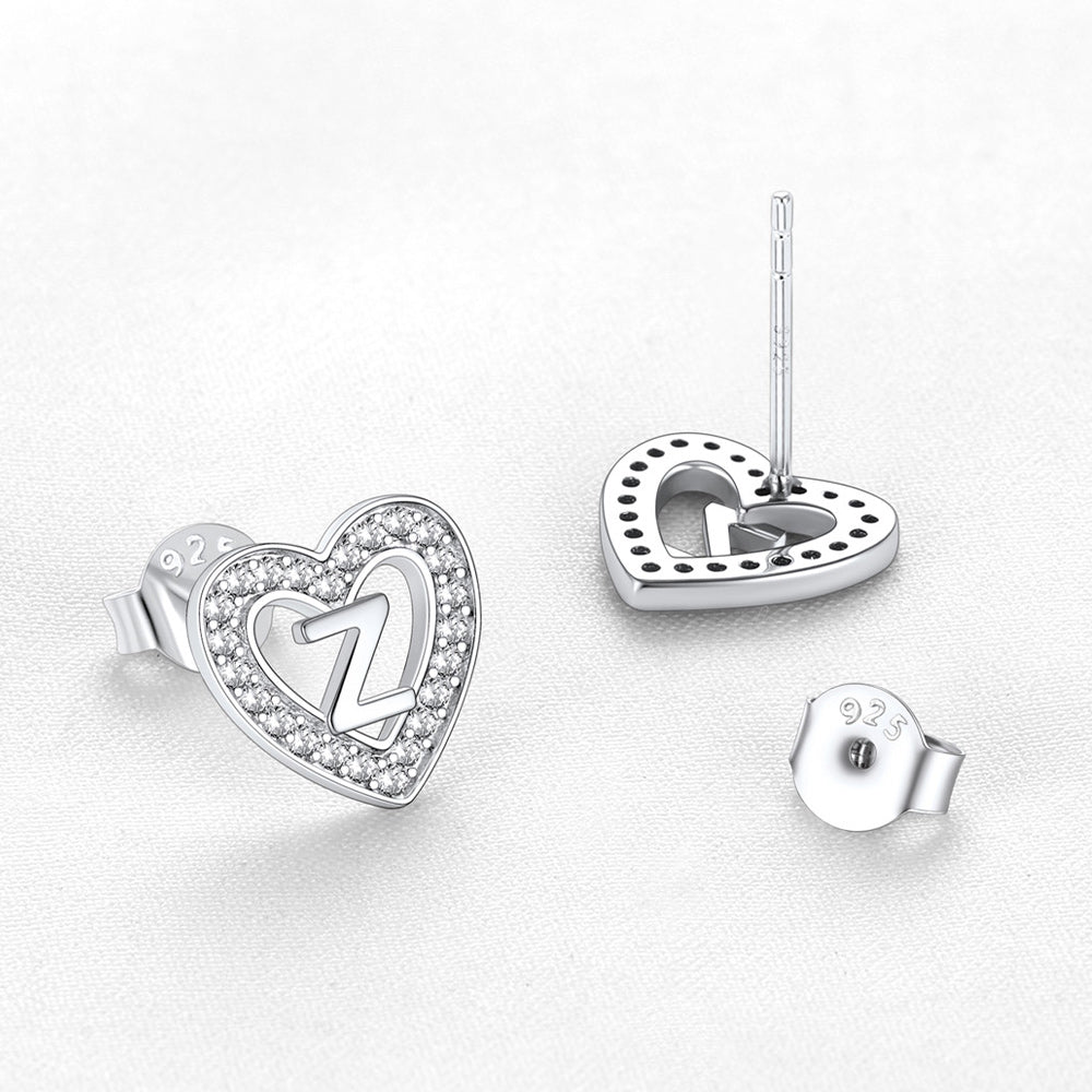 Silver Heart Initial Letter Stud Cubic Zirconia Earrings for Women