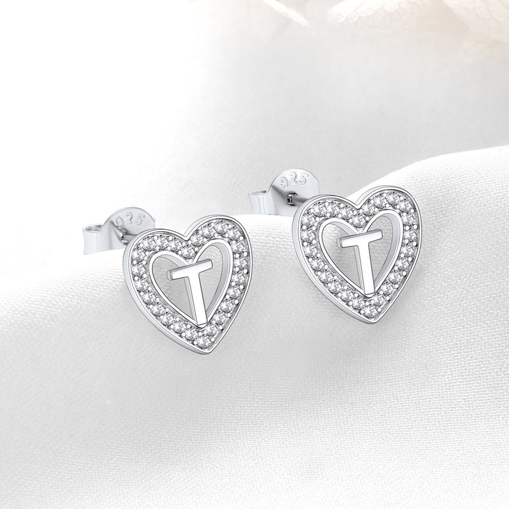 Silver Heart Initial Letter Stud Cubic Zirconia Earrings for Women