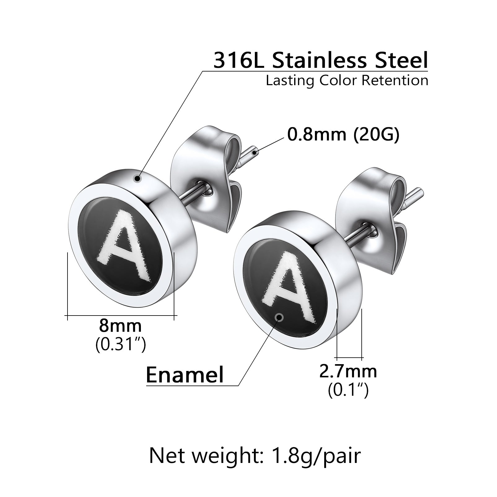Stainless steel initial stud earrings for men, letter A, black enamel