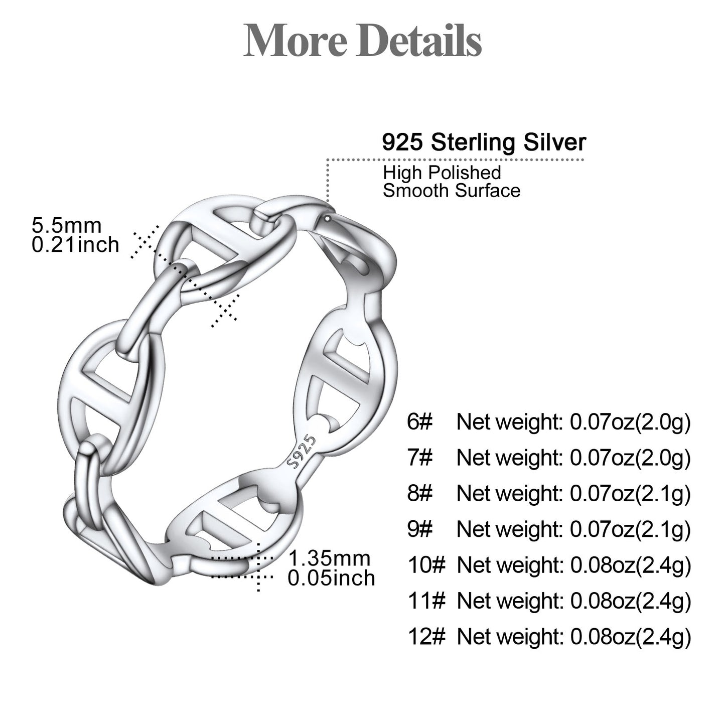 925 Sterling Silver Mariner Chain Link Rings for Men Women
