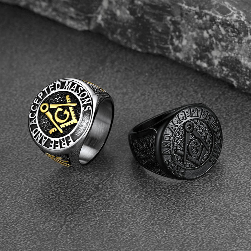 FaithHeart Masonic Round Shape Stainless Steel Mens Signet Ring FaithHeart