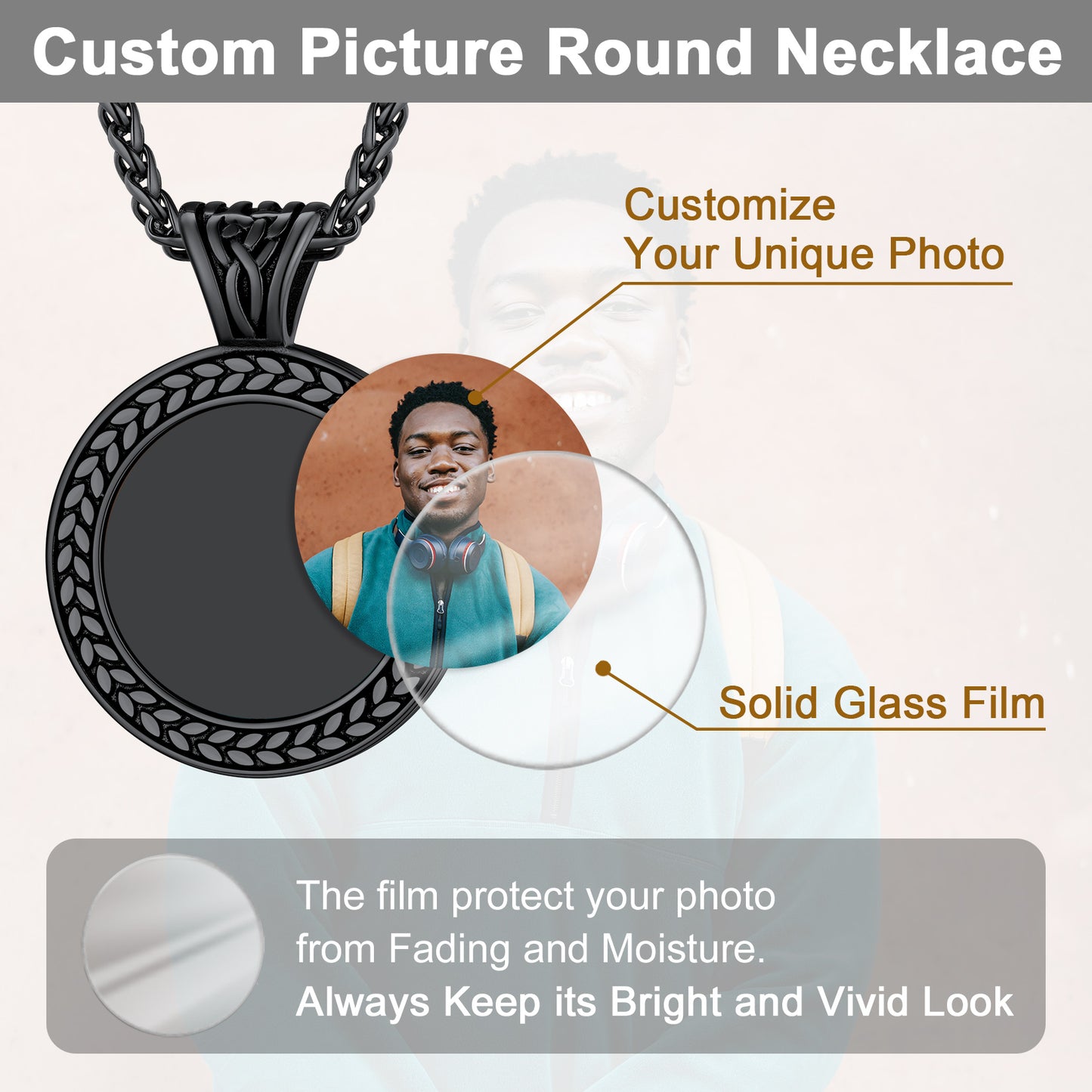 Customizable photo pendant with protective film for men and women