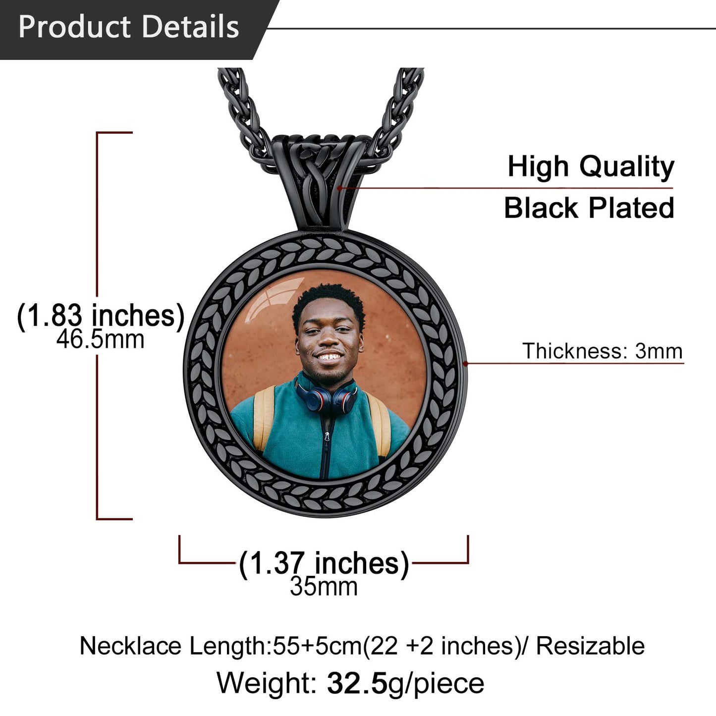 Black Personalized Photo Pendant Necklace with details