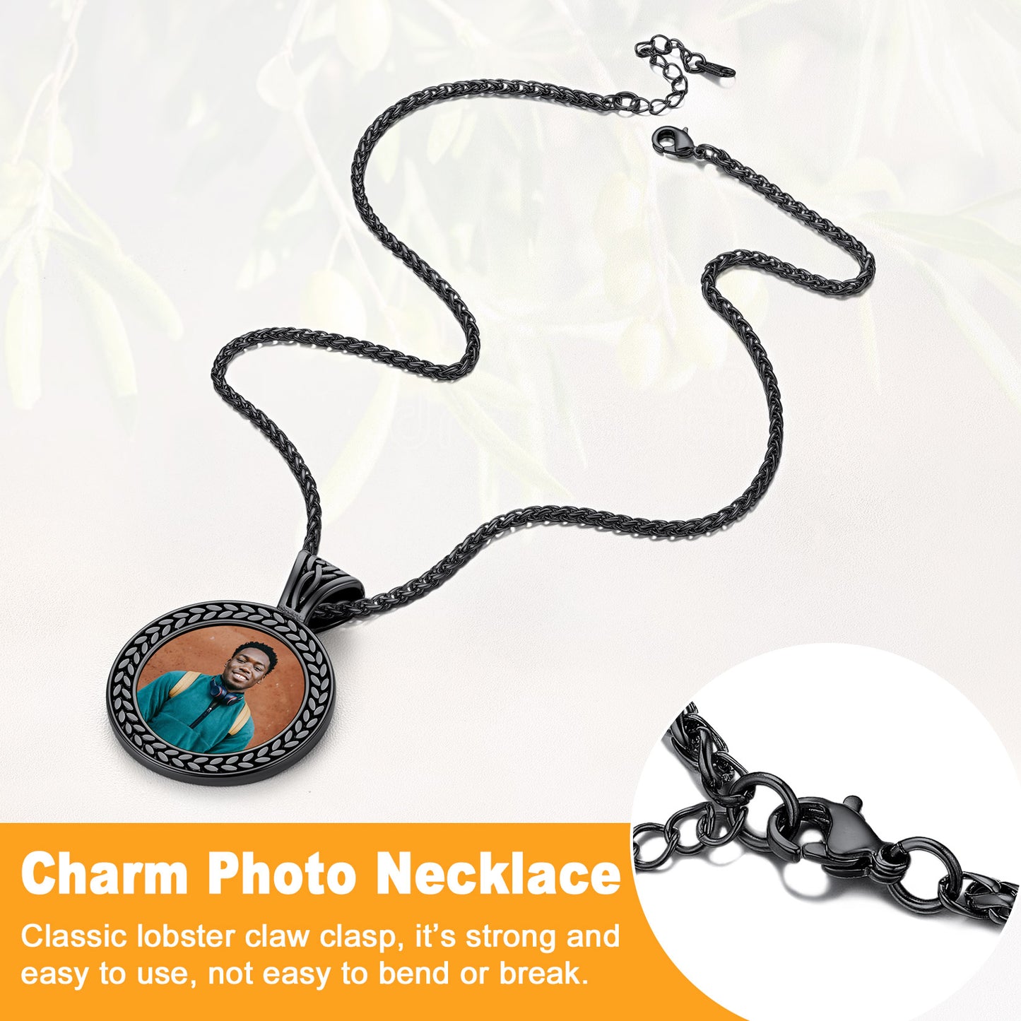 Black Photo Pendant Necklace with lobster claw clasp