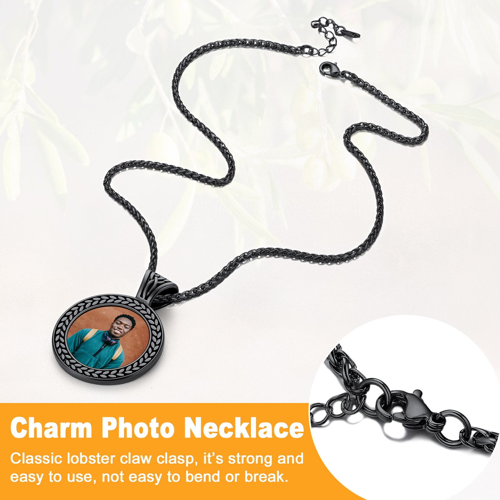 Black Photo Pendant Necklace with lobster claw clasp