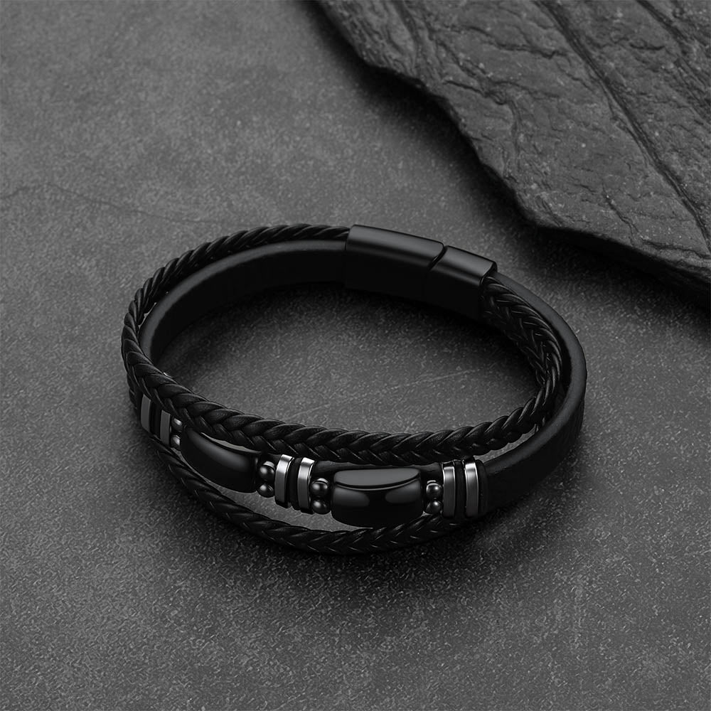 Obsidian Multilayer Leather Bracelet Braided Leather Wristband for Men