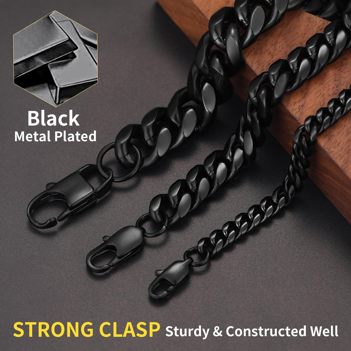 Black Miami Cuban Link Chain Necklace for Men, Strong Clasp