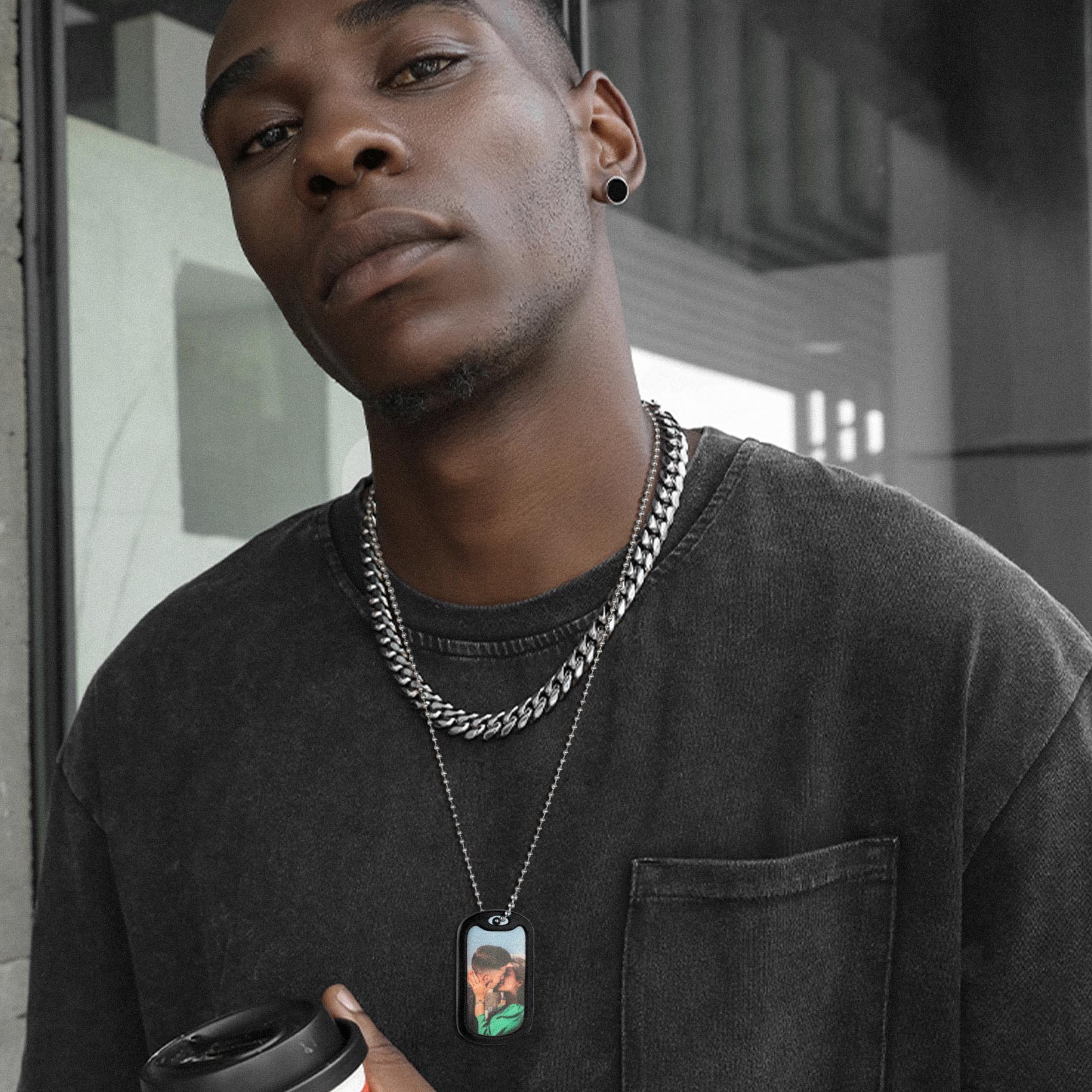 Man wearing Military Dog Tag necklace with custom photo