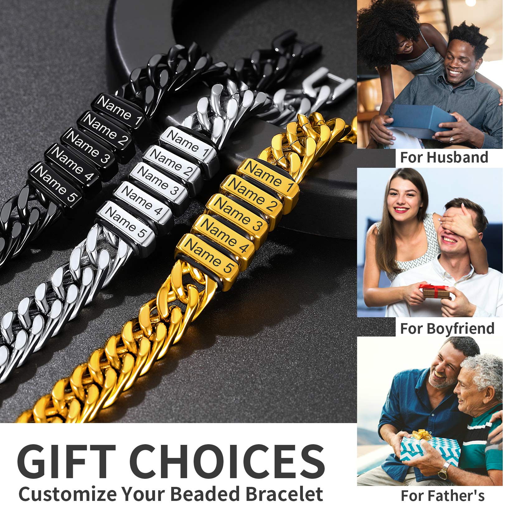 Engraved name Cuban link bracelet for men, stainless steel, personalized gift for Father's Day.