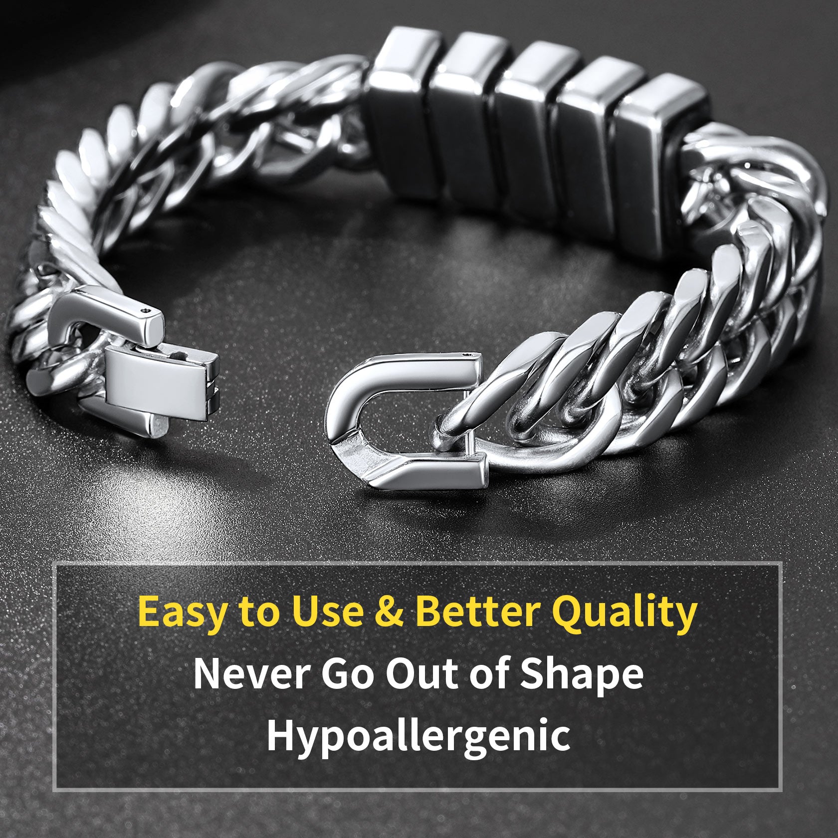 Stainless steel Cuban link bracelet for men. Easy to use, hypoallergenic, high-quality jewelry.