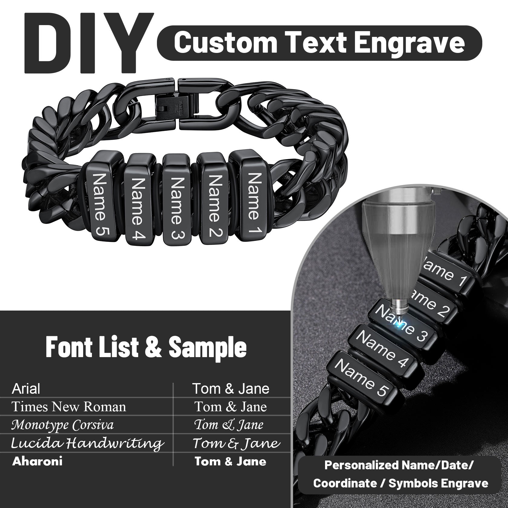 Personalized black Cuban link bracelet for men, engraved name gift, stainless steel, custom design.