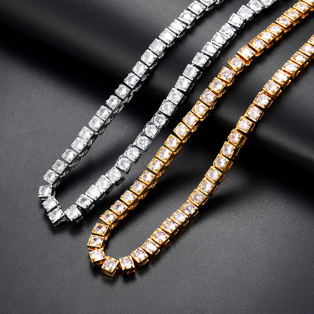 Side-by-side gold and silver CZ iced-out chain necklaces in 4mm width