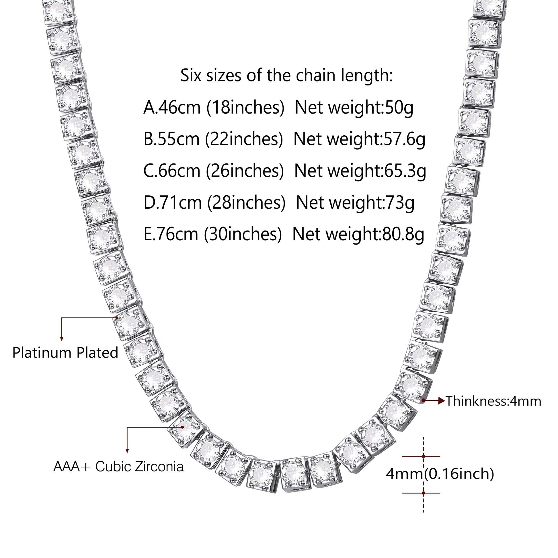 Size chart for 4mm CZ copper chain necklace with length and width reference