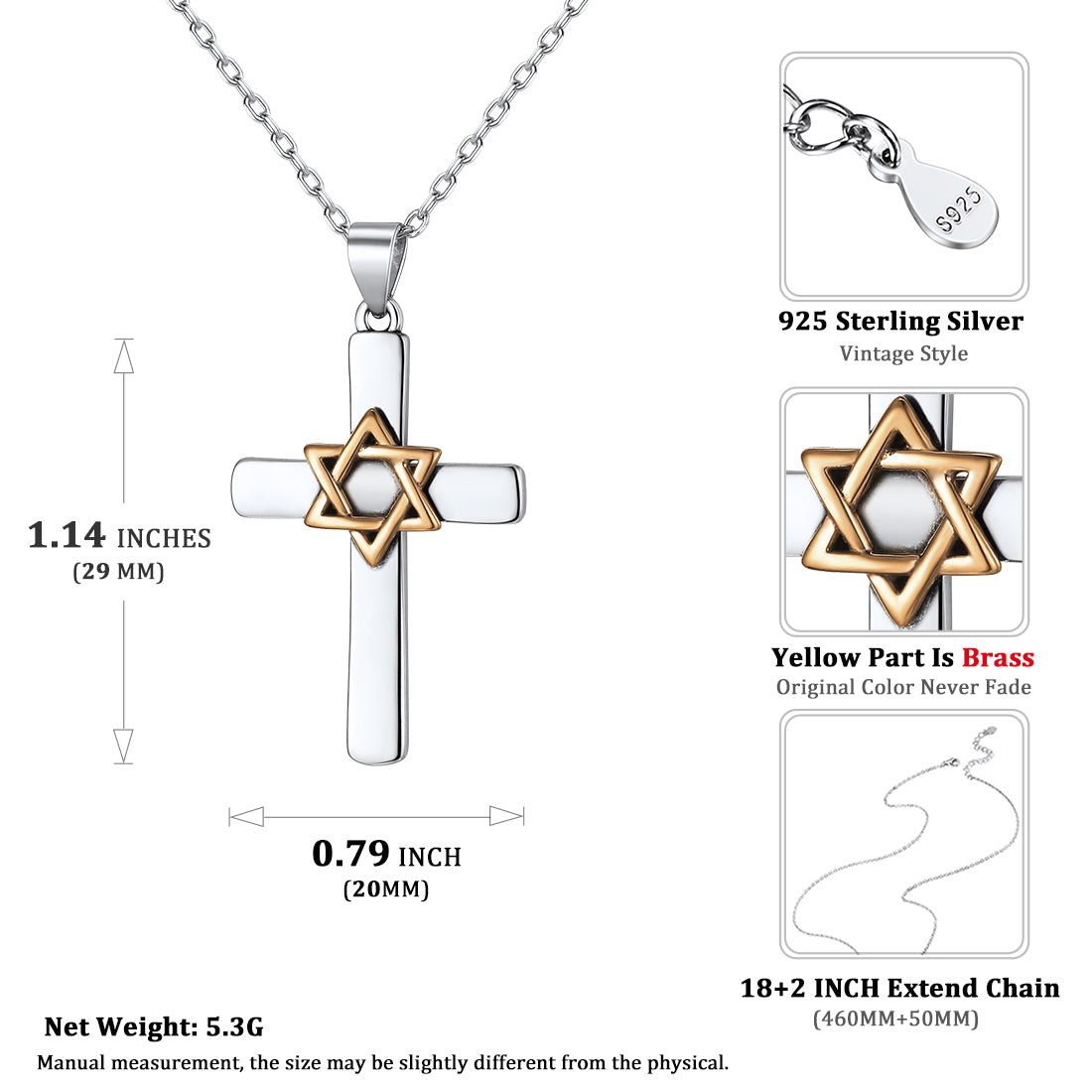 Sterling Silver Cross Star of David Pendant Necklace