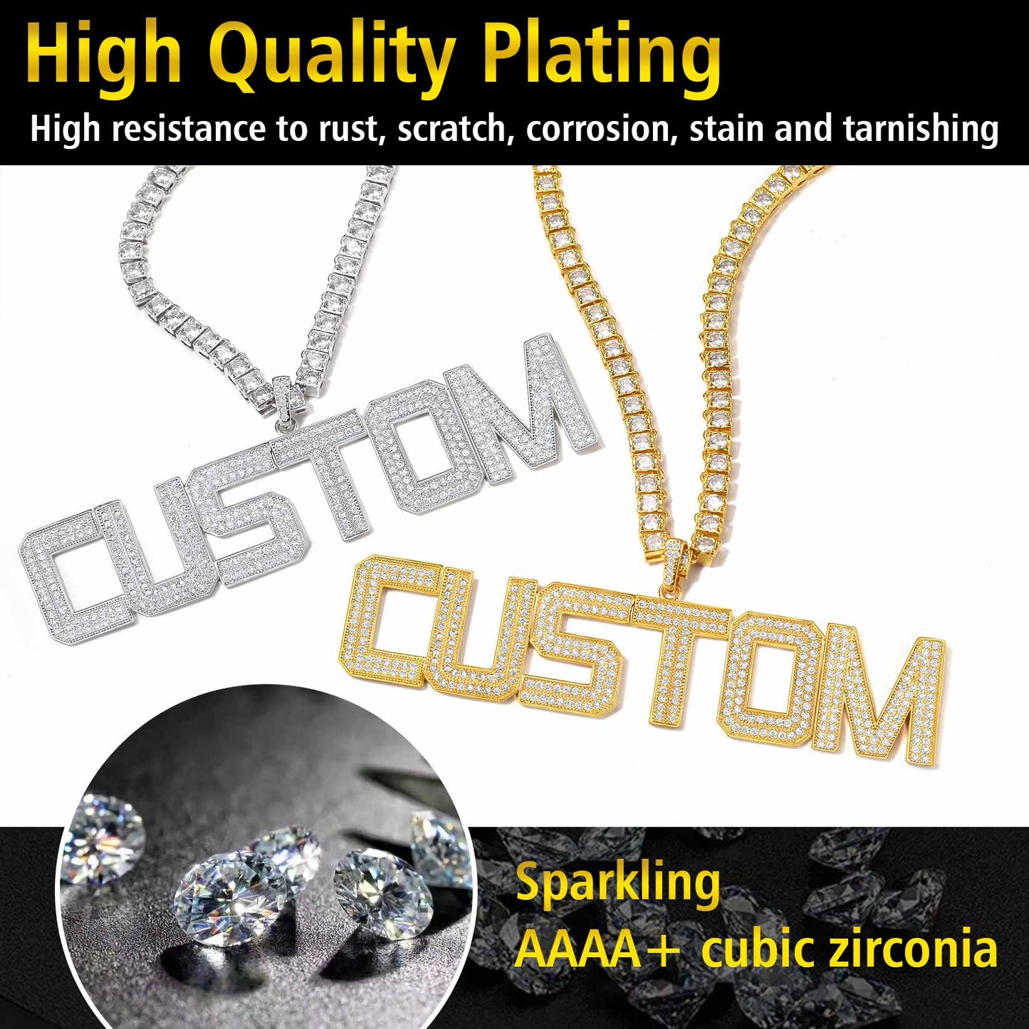 Custom name necklace with CZ stones, stainless steel, high-quality plating and tarnish resistant.