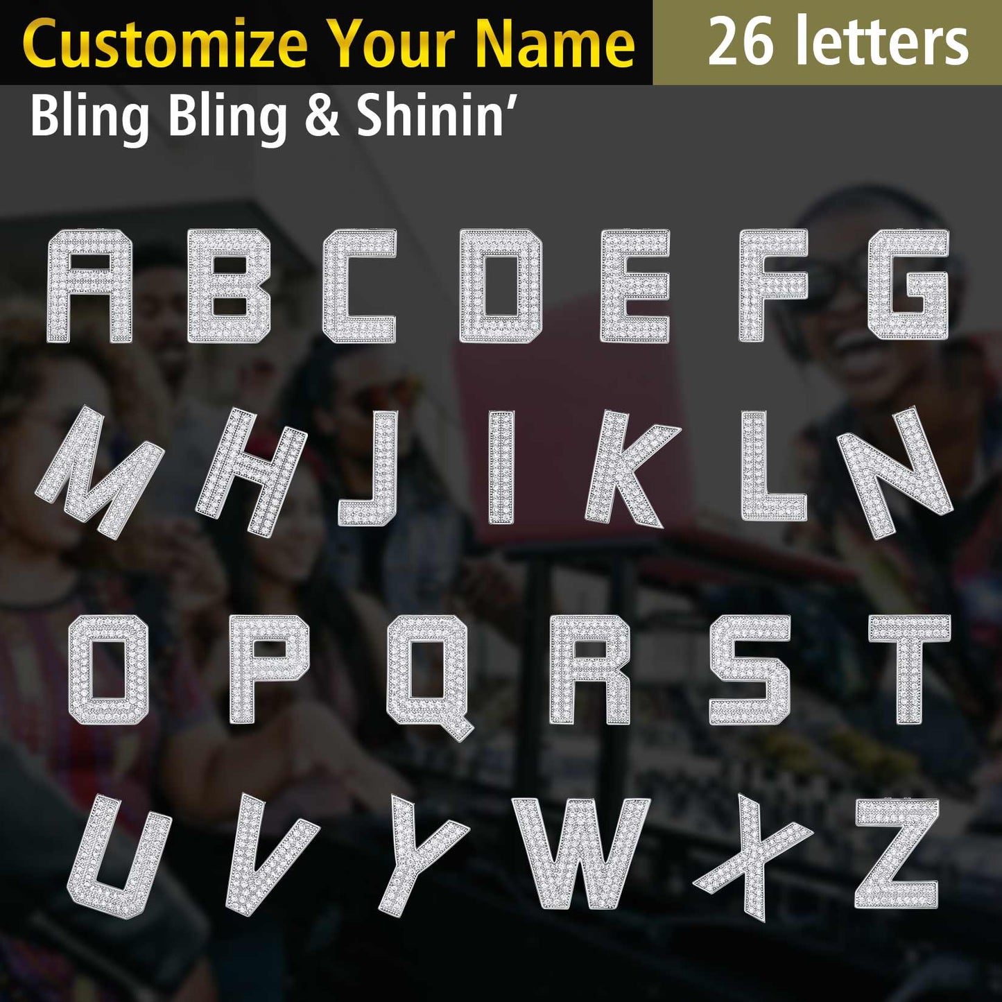 Stainless steel custom name letter pendant necklace with CZ stones, 26 letters, bling jewelry