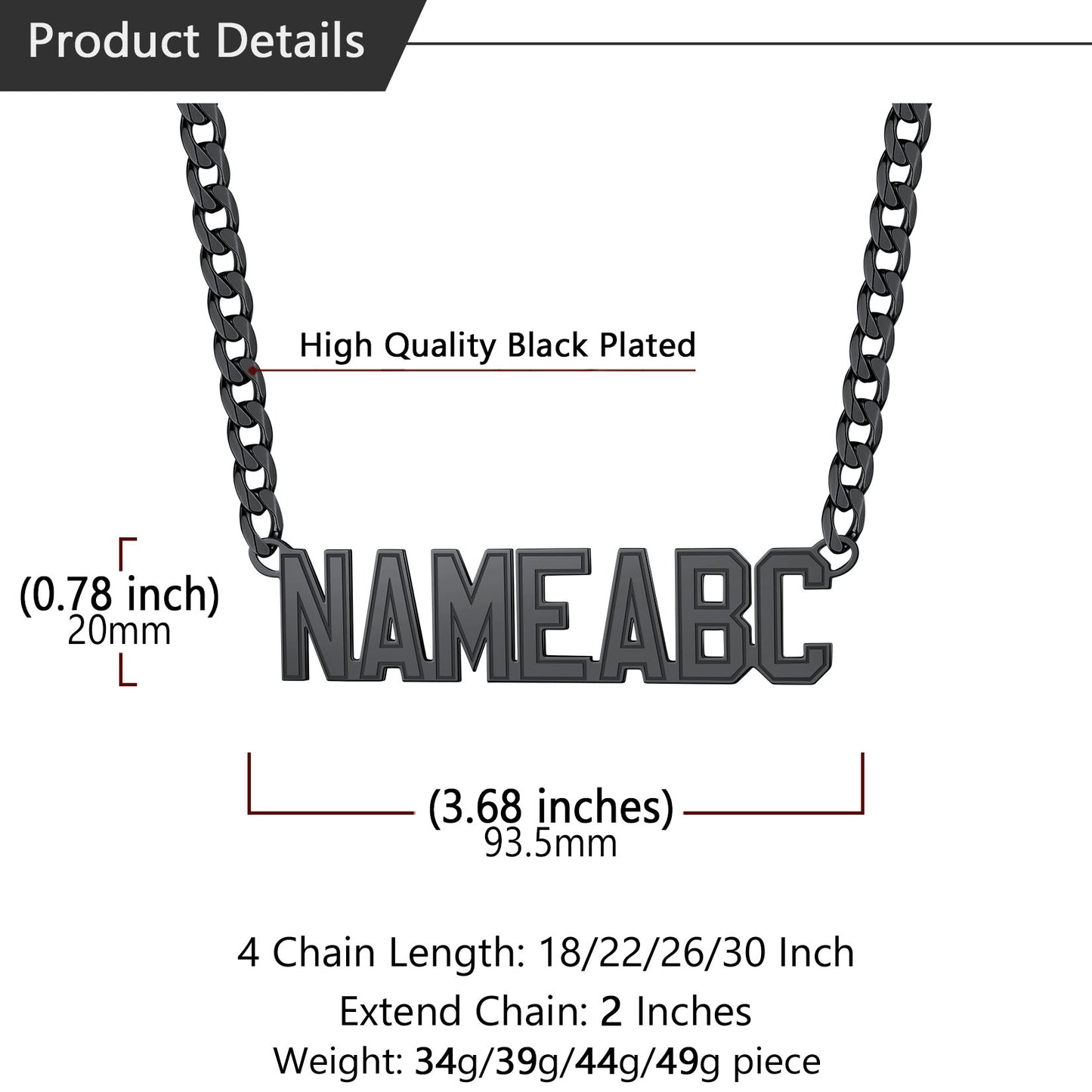 Black Personalized Cuban Chain Necklace - Product Details