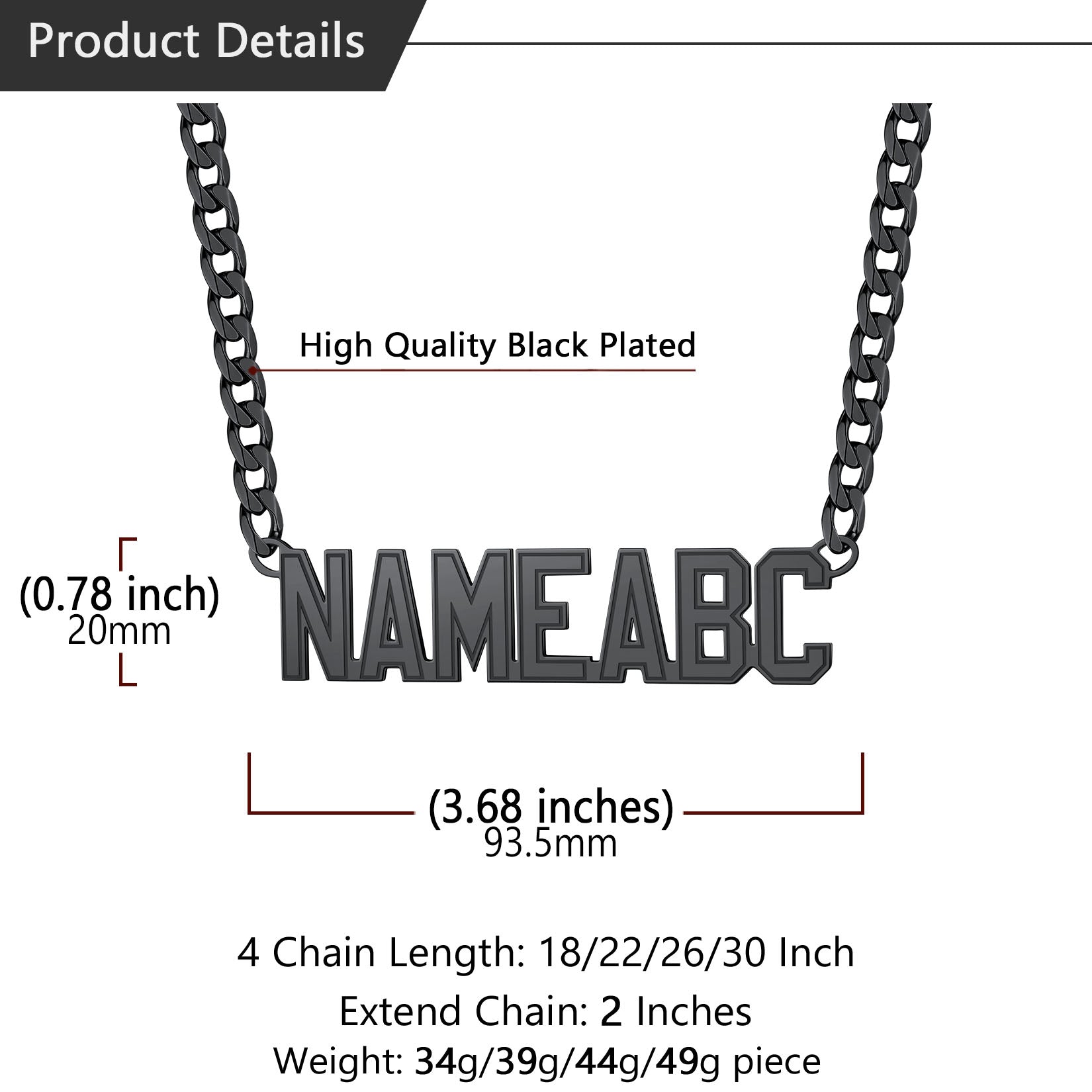 Black Personalized Cuban Chain Necklace - Product Details