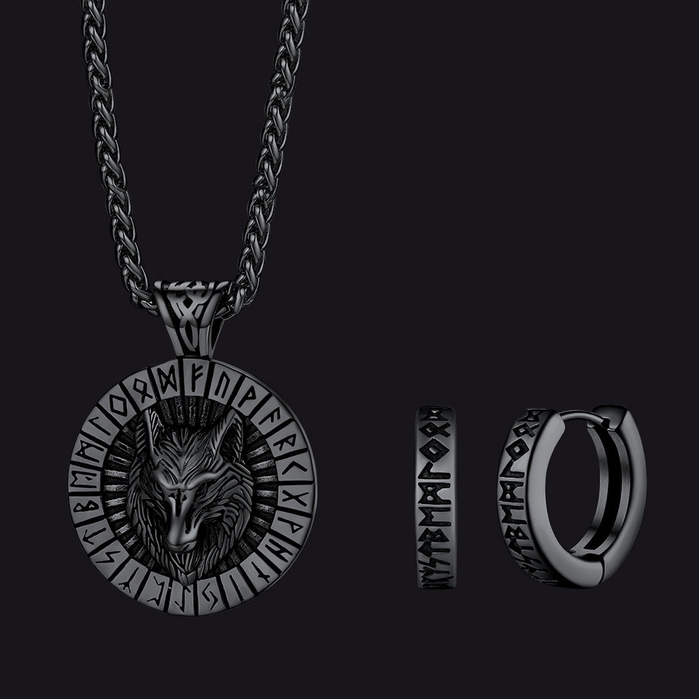 Norse Viking Rune Hoop Earrings & Wolf Medal Necklace Set