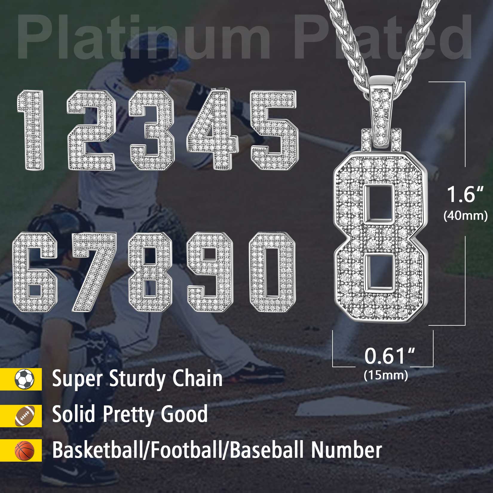 Stainless Steel CZ Number Necklace, Jersey Number Pendants