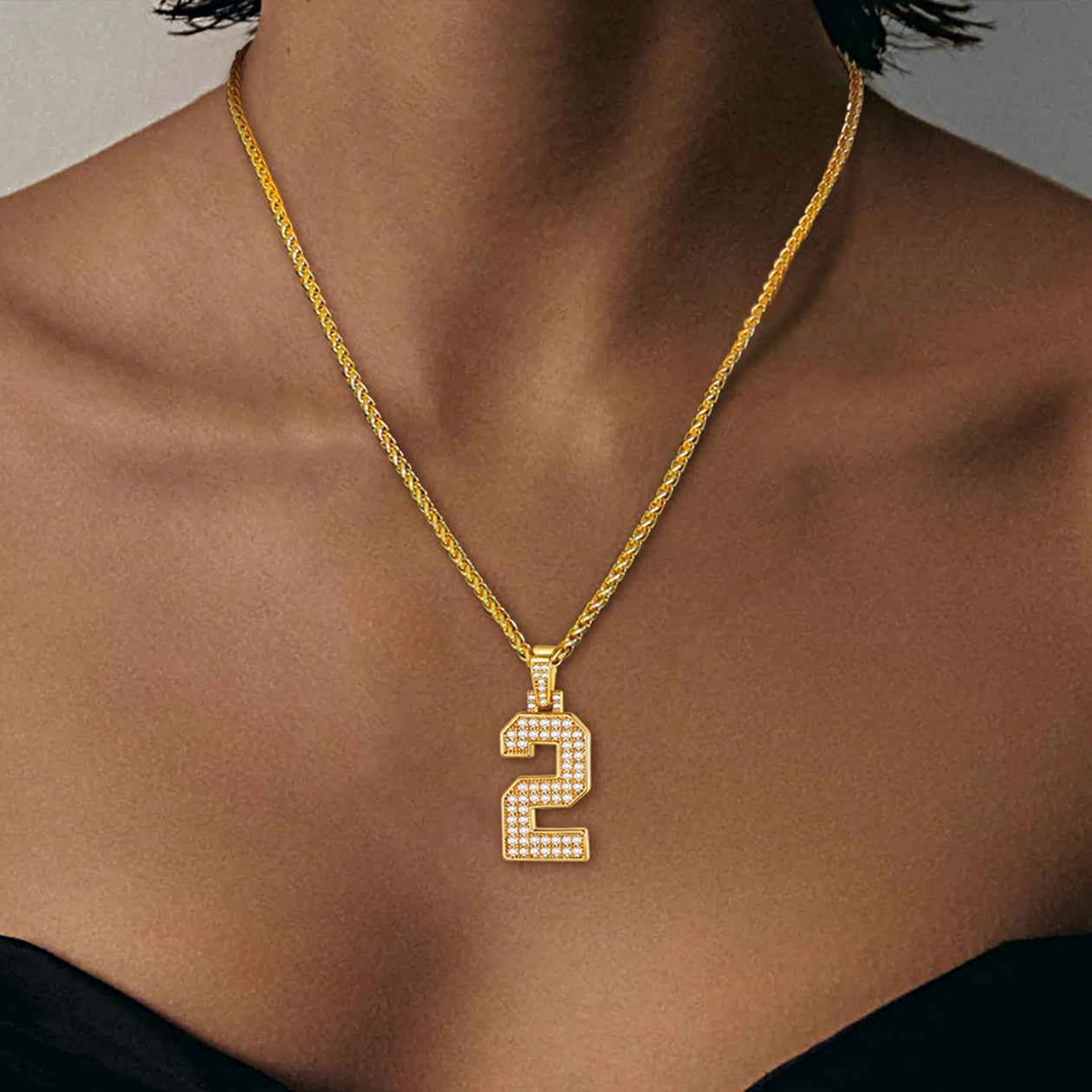 Gold number 2 pendant necklace with cubic zirconia for men and women