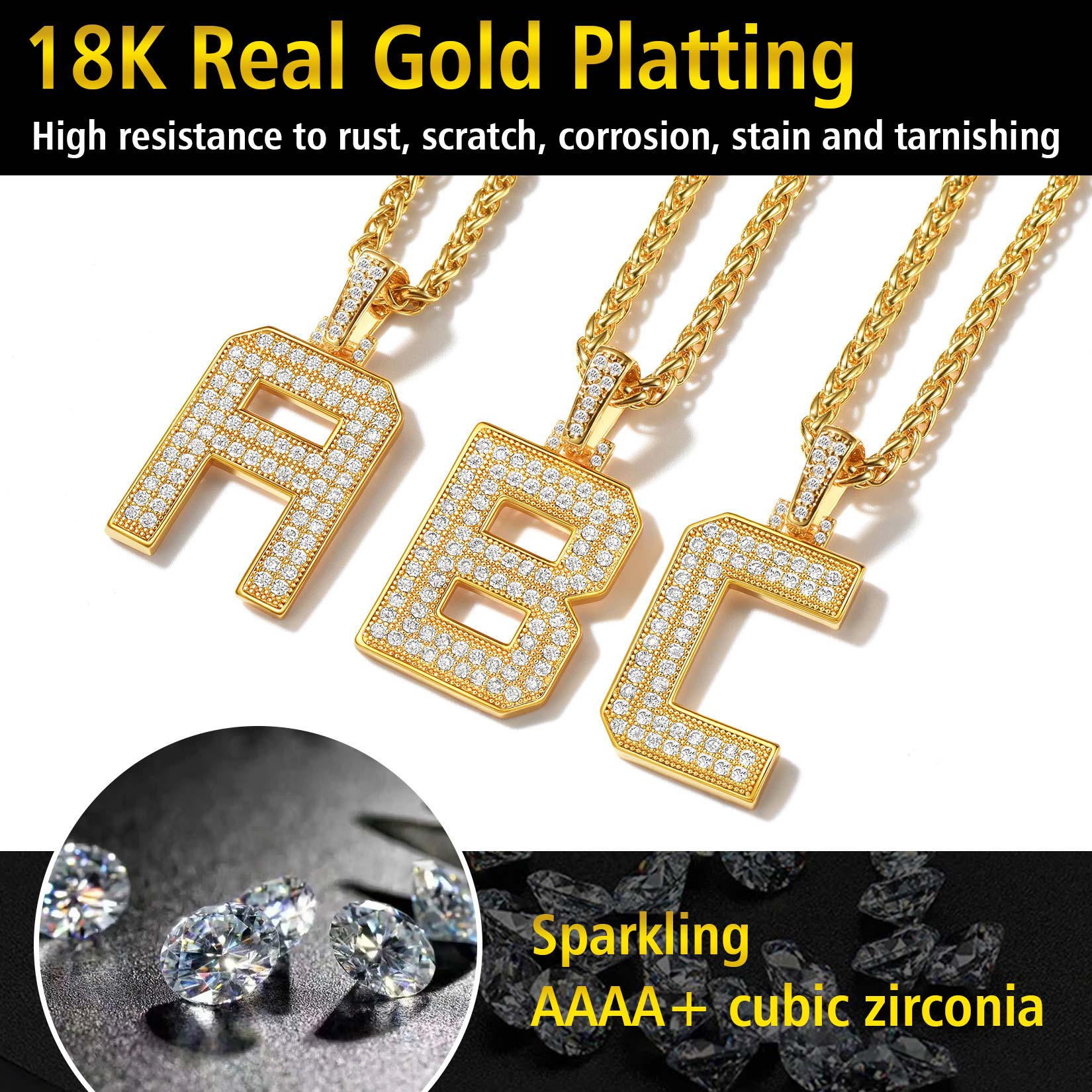 18K Gold Plated Initial Letter Pendant Necklace with Cubic Zirconia