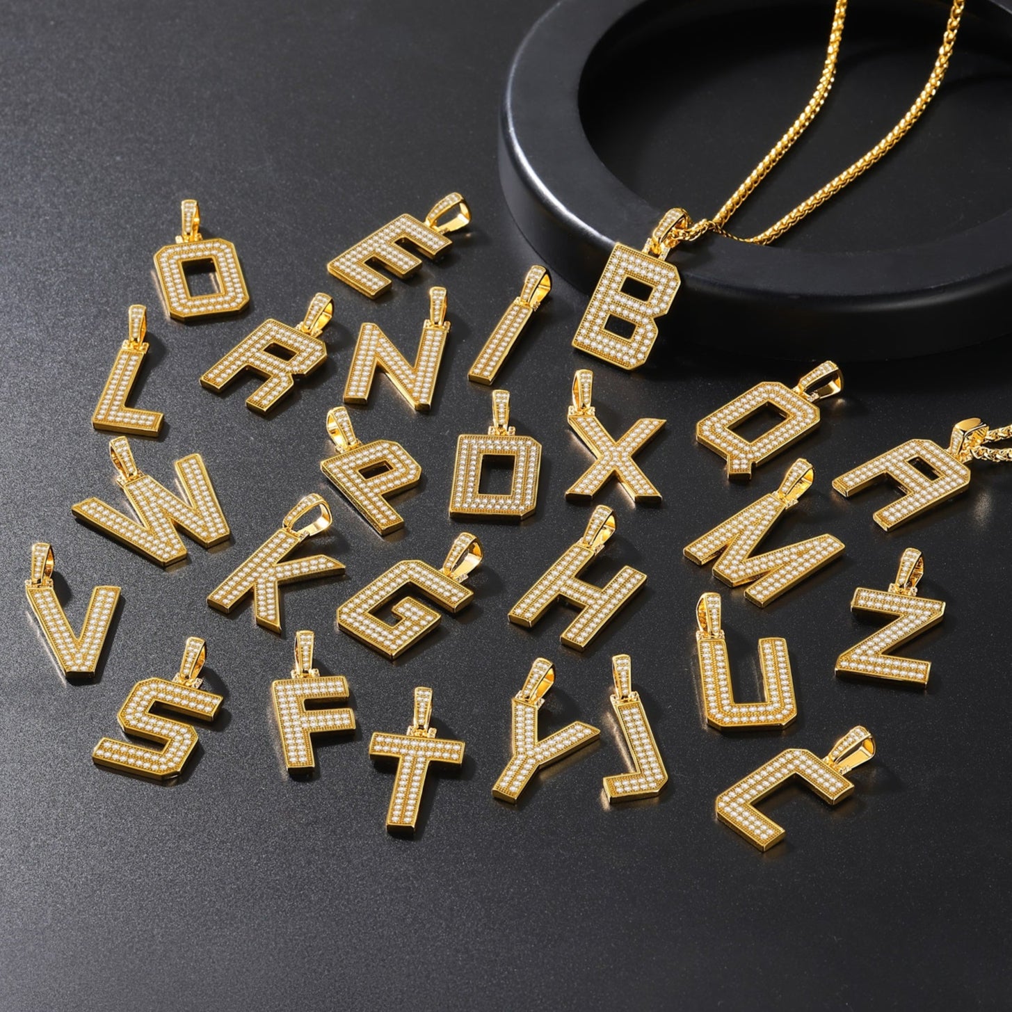 Gold initial letter necklaces with cubic zirconia for men and women