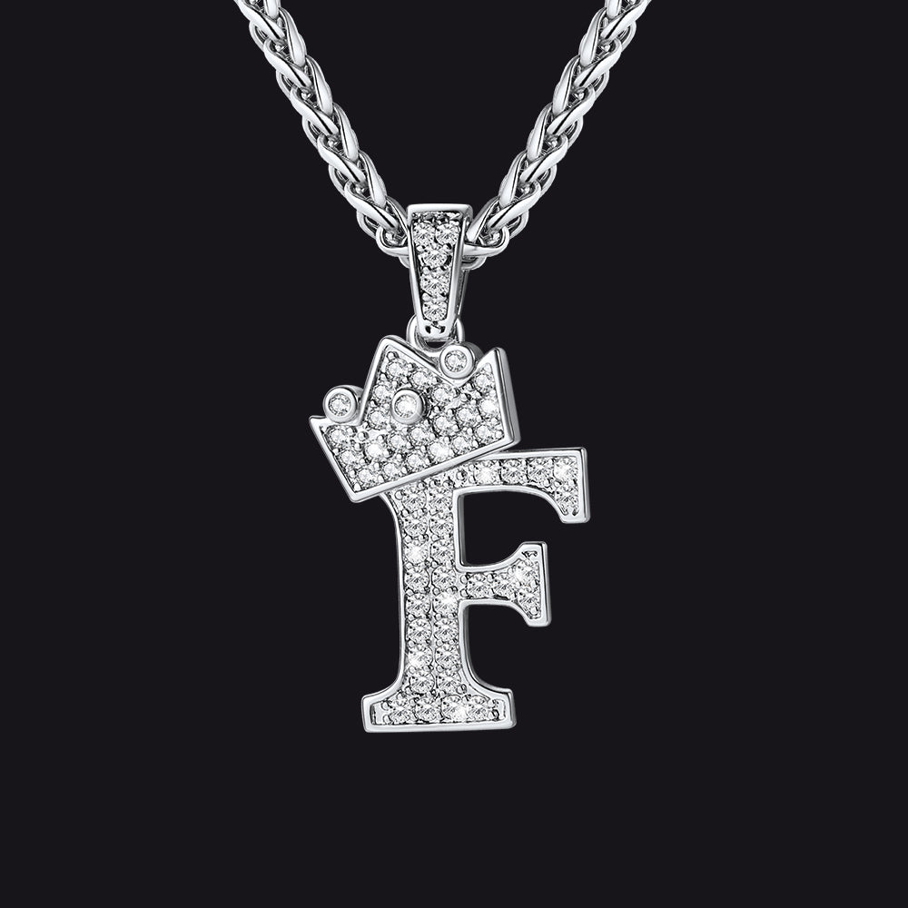 Steel F initial CZ Cuban chain necklace for men and women