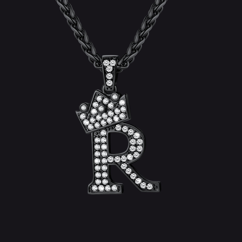 Black R initial CZ Cuban chain necklace for men and women