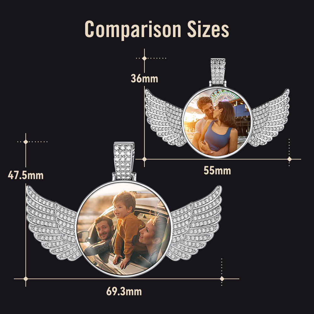 Winged photo pendant with measurements