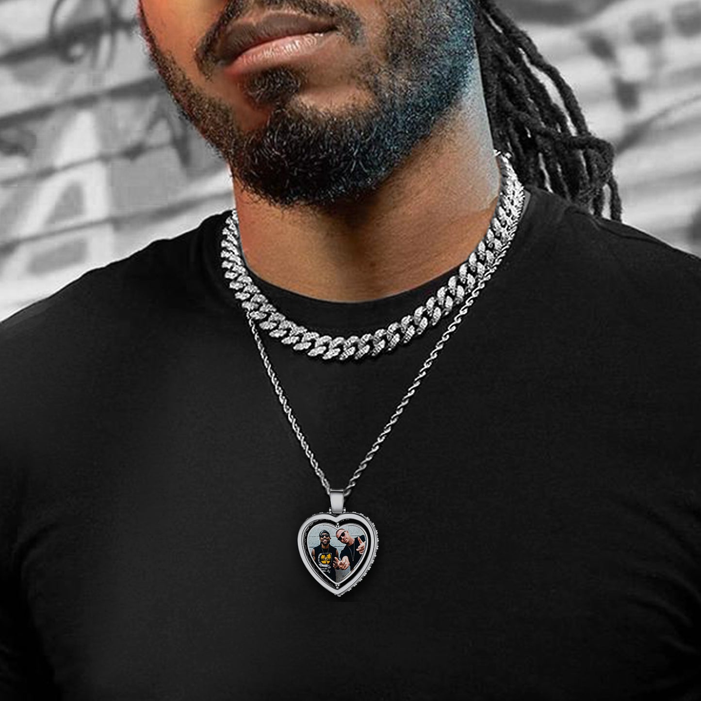 Man wearing a heart-shaped photo necklace, personalized gift