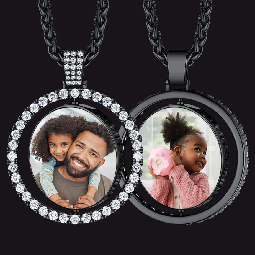 Double-sided picture pendant necklace, CZ memorial gift for family