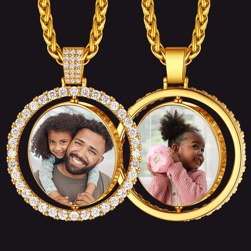 Gold picture necklace with CZ stones, custom photo jewelry