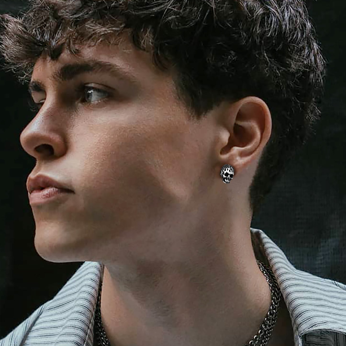Gothic Flaming Skull Stud Earring for Men - Close-up